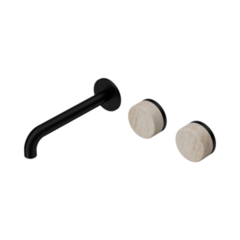 Serenity Wall Basin Set 185mm Offset Spout With Rome Travertine Handle - Nero Serenity Collection - Chrome FinishMatte Black Finish