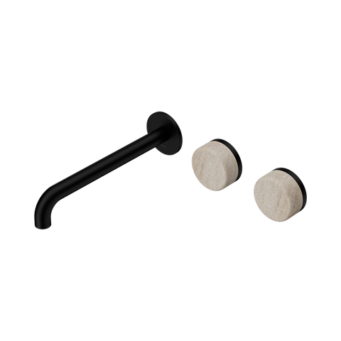Serenity Wall Basin Set 220mm Offset Spout With Rome Travertine Handle - Nero Serenity Collection - Chrome FinishMatte Black Finish