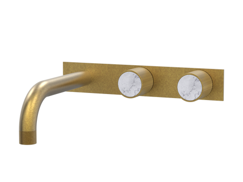 Tapware ParTaps IDK Marble Wall Basin Set - On Plate (Offset) Colour: Rumbled Brass Insert: Bianco Marble Place & Palette
