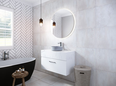 Vanities Timberline Kingsley Wall Hung Vanity with Silksurface Box Top & White Gloss Above Counter Basin Size: L 750mm Centre Bowl Place & Palette