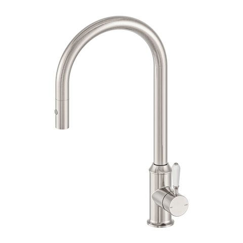 York Pull Out Sink Mixer With Vegie Spray Function With White Porcelain Lever