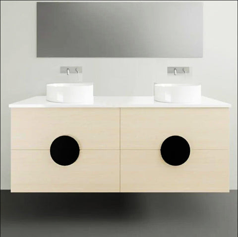 Vanities Timberline Oxbow Wall Hung Vanity with Silksurface Top & White Gloss Above Counter Basin Size: L 1500mm Double Bowl Place & Palette