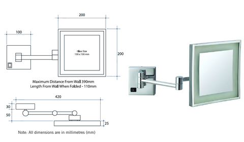 Mirrors Thermogroup Square Wall-Mounted Magnifying Mirror (No Light) Colour: Chrome Size: 3x Magnification Place & Palette