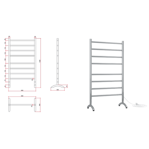 Accessories Thermogroup Thermorail Free Standing Heated Towel Rail Style: Straight/Round Size: 8 Bars - 600x1080x300mm (100 Watts) Place & Palette