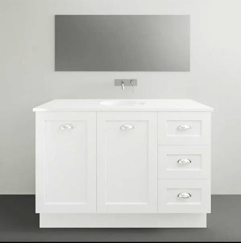 Vanities Timberline Victoria Floor Standing Vanity with Silksurface Freedom Top & White Gloss Above Counter Basin Size: L 1200mm Centre Bowl Place & Palette