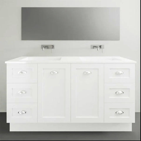 Vanities Timberline Victoria Floor Standing Vanity with Silksurface Freedom Top & White Gloss Above Counter Basin Size: L 1500mm Double Bowl Place & Palette