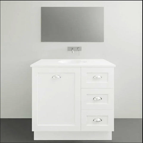 Vanities Timberline Victoria Floor Standing Vanity with Silksurface Freedom Top & White Gloss Above Counter Basin Size: L 900mm Centre Bowl Place & Palette