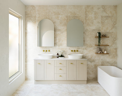 Vanities Timberline Victoria Floor Standing Vanity with Silksurface Freedom Top & White Gloss Above Counter Basin Size: L 750mm Centre Bowl Place & Palette