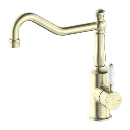 Tapware Nero York Kitchen Mixer Hook Spout With White Porcelain Lever Colour: Aged Brass Place & Palette