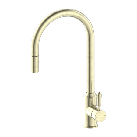 Tapware Nero York Pull Out Sink Mixer With Vegie Spray Function With Metal Lever Colour: Aged Brass Place & Palette