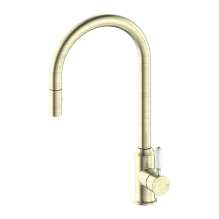 Tapware Nero York Pull Out Sink Mixer With Vegie Spray Function With White Porcelain Lever Colour: Aged Brass Place & Palette