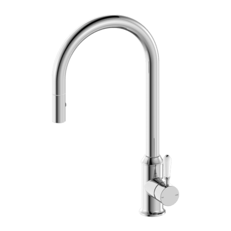 Tapware Nero York Pull Out Sink Mixer With Vegie Spray Function With White Porcelain Lever Colour: Chrome Place & Palette