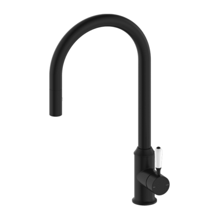 Tapware Nero York Pull Out Sink Mixer With Vegie Spray Function With White Porcelain Lever Colour: Matte Black Place & Palette