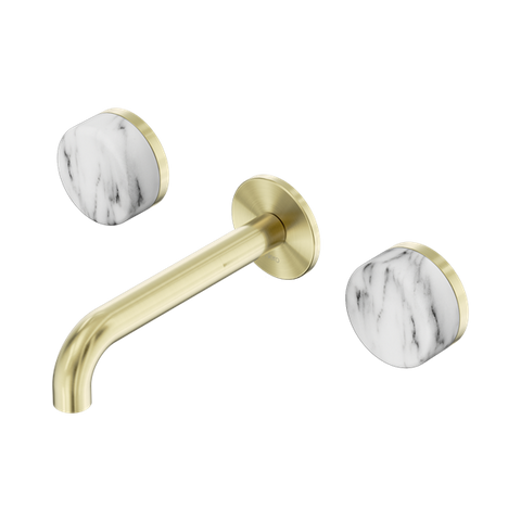 Serenity Wall Basin Set 160mm Spout With Arabescato Corchia Handle - Nero Serenity Collection - Chrome FinishBrushed Gold Finish