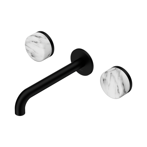 Serenity Wall Basin Set 185mm Spout With Arabescato Corchia Handle - Nero Serenity Collection - Chrome FinishMatte Black Finish