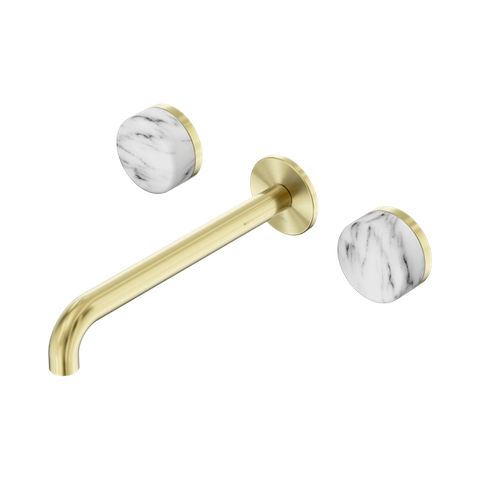 Serenity Wall Basin Set 220mm Spout With Arabescato Corchia Handle - Nero Serenity Collection - Chrome FinishBrushed Gold Finish