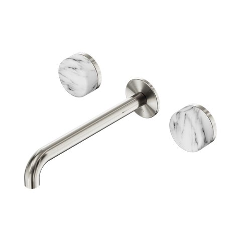 Serenity Wall Basin Set 220mm Spout With Arabescato Corchia Handle - Nero Serenity Collection - Chrome FinishBrushed Nickel Finish