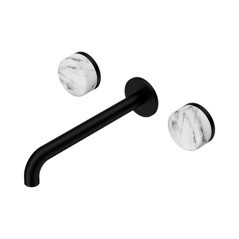 Serenity Wall Basin Set 220mm Spout With Arabescato Corchia Handle - Nero Serenity Collection - Chrome FinishMatte Black Finish