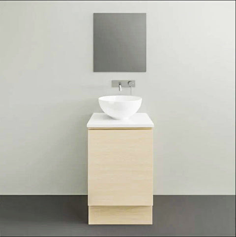 Billie Floor Standing Vanity with Silksurface Top & White Gloss Above Counter Basin-Vanities-Timberline-L 450mm Centre Bowl-place-and-palette