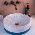 Basins Bramstone Ember Basin - Shell Chip Colour: Natural Terrazzo and Band in Jade Blue Green Finish: Chips with Bottom Colour Band Material: Abalone Shell Chips Place & Palette