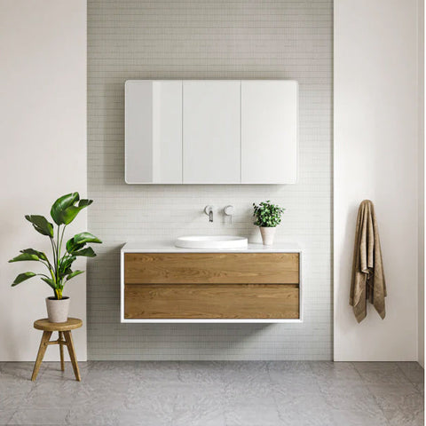 Embrace Wall Hung Vanity with Silksurface Top & White Gloss Above Counter Basin-Vanities-Timberline-L 1200mm Centre Bowl-place-and-palette