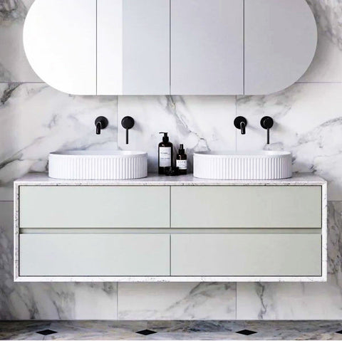 Embrace Wall Hung Vanity with Silksurface Top & White Gloss Above Counter Basin-Vanities-Timberline-L 1500mm Double Bowl-place-and-palette