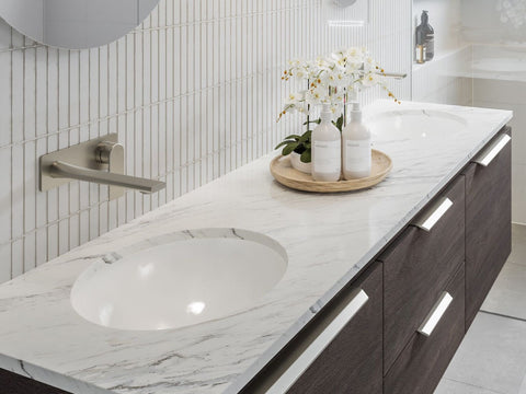 Oval Under Counter Ceramic Basin with Overflow to Front-Basins-Timberline-White Gloss-place-and-palette