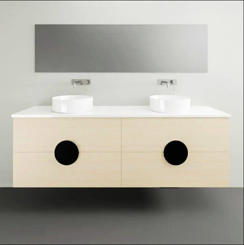 Oxbow Wall Hung Vanity with Silksurface Top & White Gloss Above Counter Basin-Vanities-Timberline-L 1800mm Double Bowl-place-and-palette