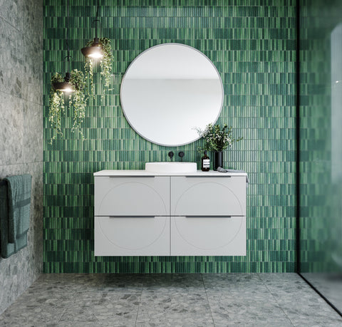 Sutherland House Wall Hung Vanity with Caesarstone Top & White Gloss Above Counter Basin-Vanities-Timberline-place-and-palette