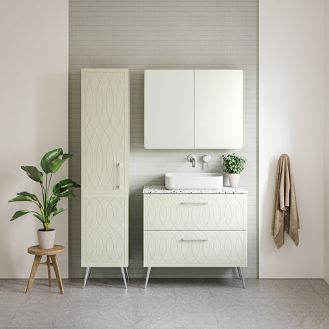 Sutherland House Wall Hung Vanity with Caesarstone Top & White Gloss Above Counter Basin-Vanities-Timberline-place-and-palette