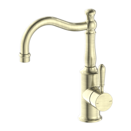 Tapware Nero York Basin Mixer Hook Spout With Metal Lever Colour: Aged Brass Place & Palette