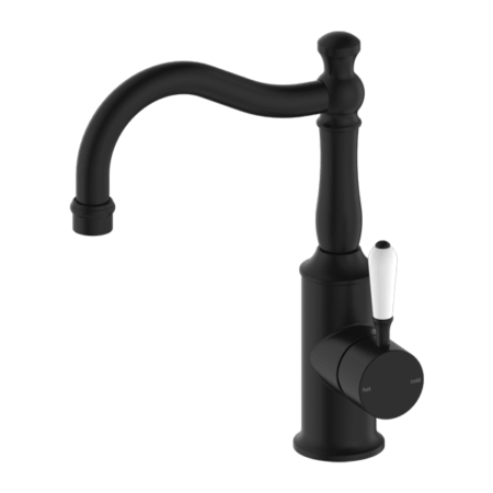 Tapware Nero York Basin Mixer Hook Spout With White Porcelain Lever Colour: Matte Black Place & Palette