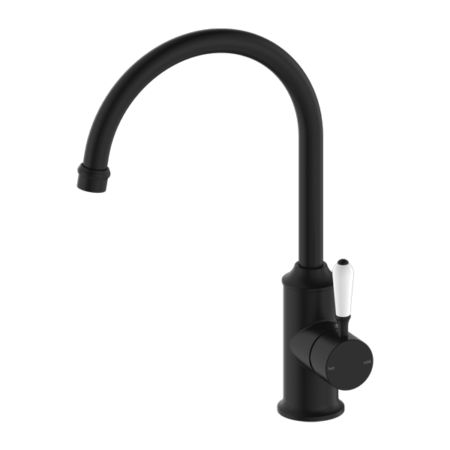 Tapware Nero York Kitchen Mixer Gooseneck Spout With White Porcelain Lever Colour: Matte Black Place & Palette